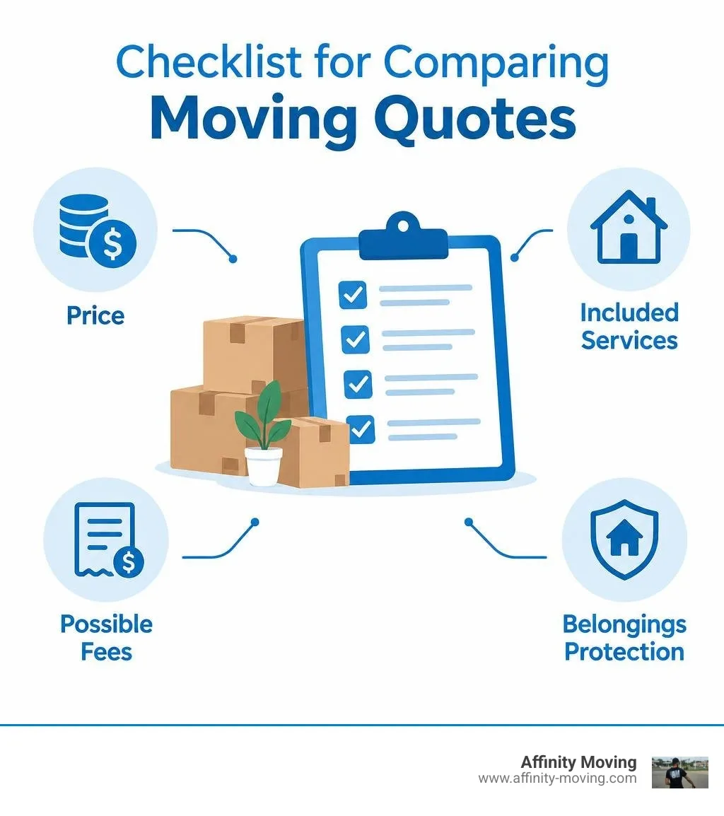 Checklist for comparing moving quotes: price, included services, possible fees, and belongings protection infographic